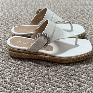Stuart Weitzman White Espadrille Sandals with Pearl Accent